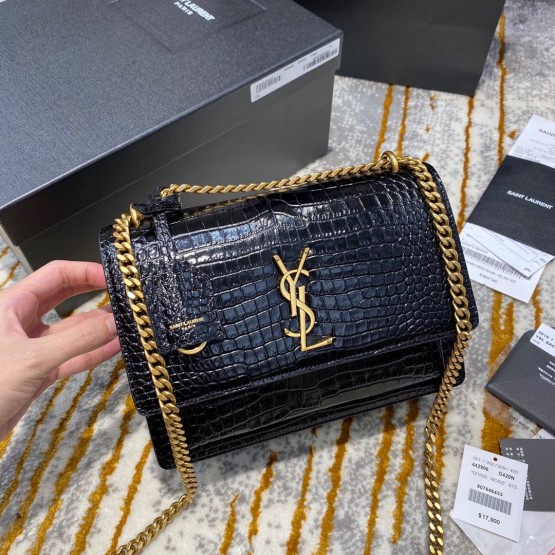 YSL Sunset Small 22cm Croc Black Bag