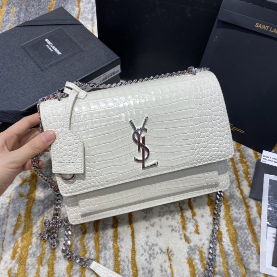 YSL Sunset Small 22cm Croc White Bag