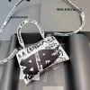 Balenciaga Hourglass Graffiti-Print Leather Top Handle Bag 661467 Black White