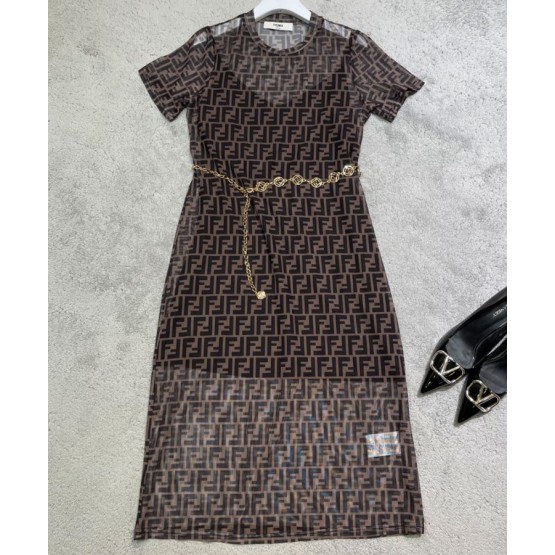 Fendi Women's Logo Print Dress Coffee