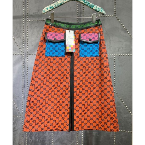 Gucci Women's Multicolor Logo Print Skirt Orange