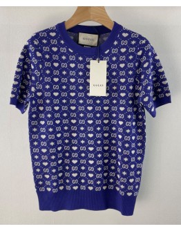 Gucci Women's Logo Jacquard Knitted T-shirt Dark Blue