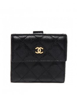 C-C Caviar Quilted Compact Flap Wallet Black