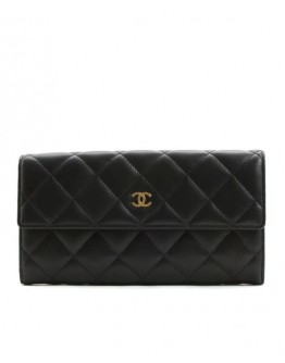 C-C Lambskin Quilted Large Flap Wallet Black