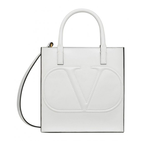 Valentino Garavani VLogo Walk Small Calfskin Tote Bag White