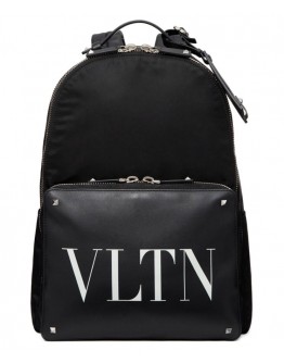 Valentino Garavani Nylon Vltn Backpack With Leather Front Pocket Black
