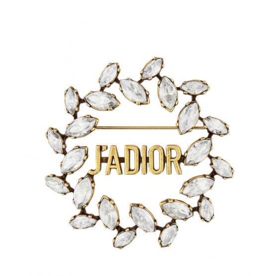 Dior White Crystal J Adior Laurier Antique Gold-Finish Brooch Golden